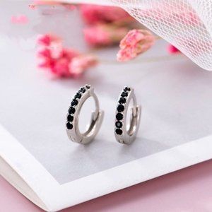 Silver Diamond CZ Huggie Hoop Earrings- Black&Silver 11mm-SH004